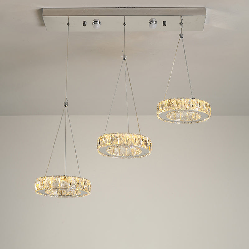 Modern 3-Ring Multi Suspension Pendant Clear Rectangular-Cut Crystals LED Plug in Swag Light in Stainless-Steel
