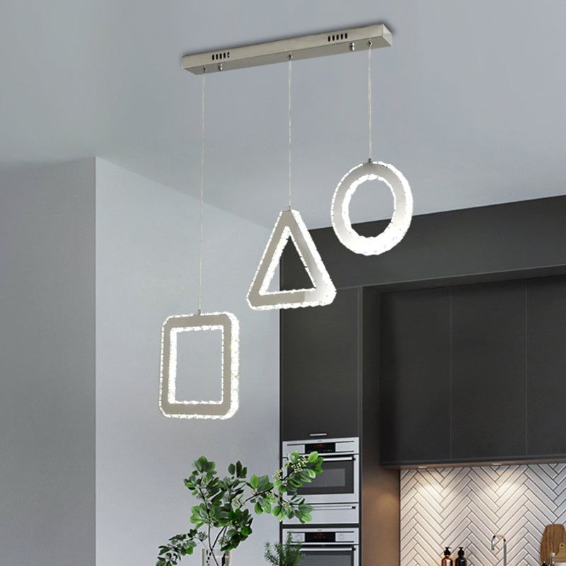 Clear Crystals Stainless-Steel Multi Ceiling Lamp Geometric Contemporary LED Pendant Lighting, Linear/Round Canopy