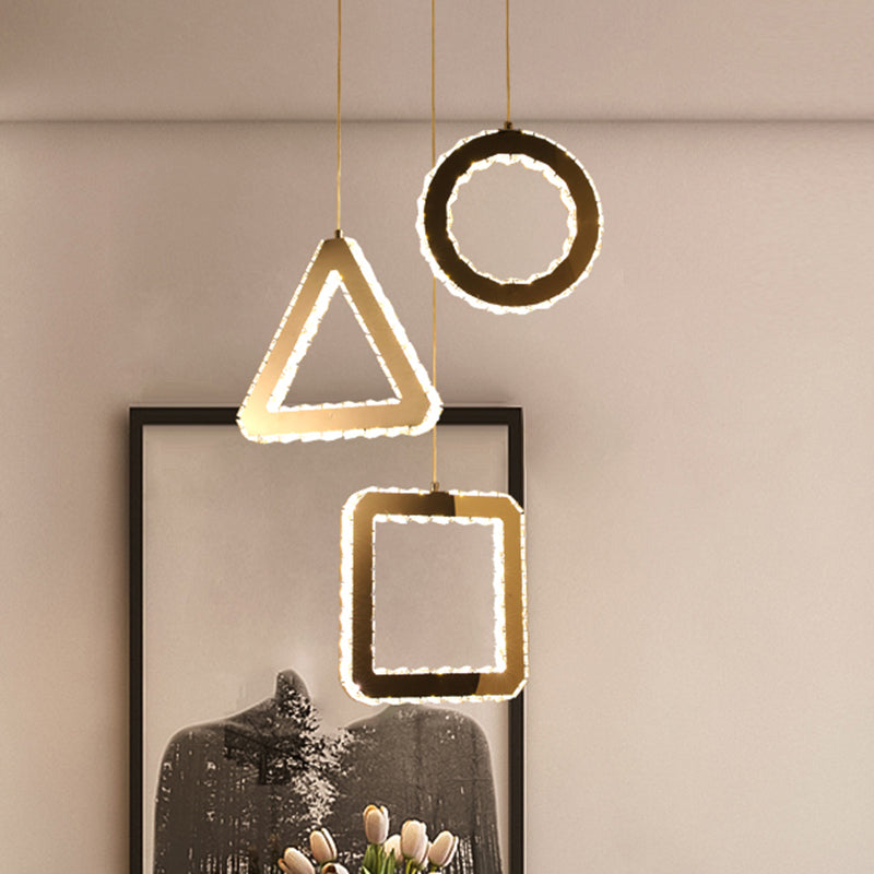 Clear Crystals Stainless-Steel Multi Ceiling Lamp Geometric Contemporary LED Pendant Lighting, Linear/Round Canopy
