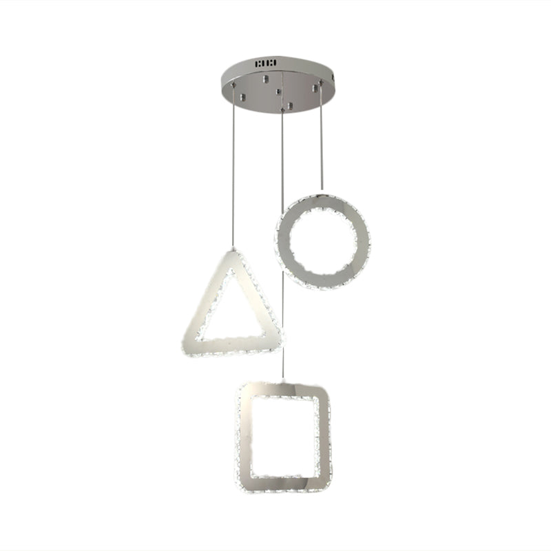 Clear Crystals Stainless-Steel Multi Ceiling Lamp Geometric Contemporary LED Pendant Lighting, Linear/Round Canopy