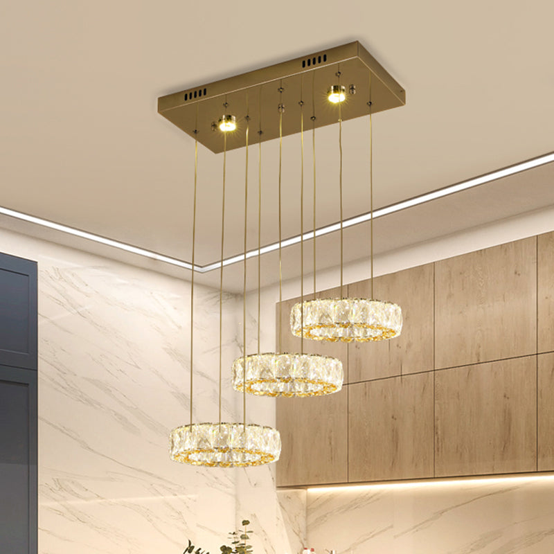 Contemporary 3-Ring Swag Pendant Light Clear Crystals LED Hanging Lamp Kit in Stainless-Steel