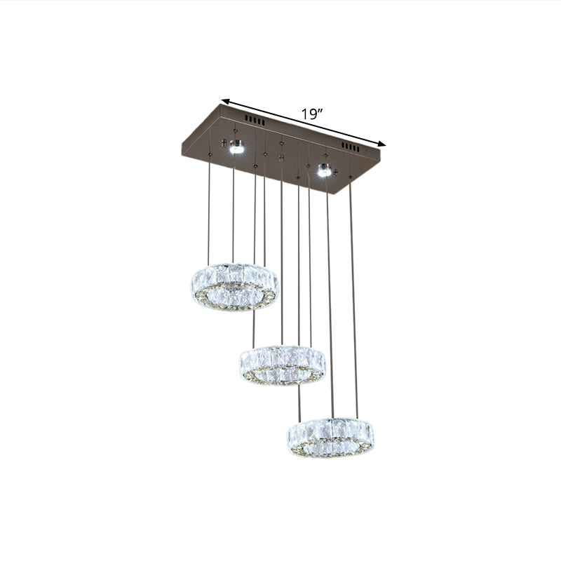 Contemporary 3-Ring Swag Pendant Light Clear Crystals LED Hanging Lamp Kit in Stainless-Steel