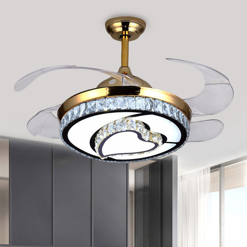 4 Blades LED Round Pendant Fan Lamp Contemporary Gold Finish Clear Crystals Semi Flush Light with Heart Design, 42" Wide