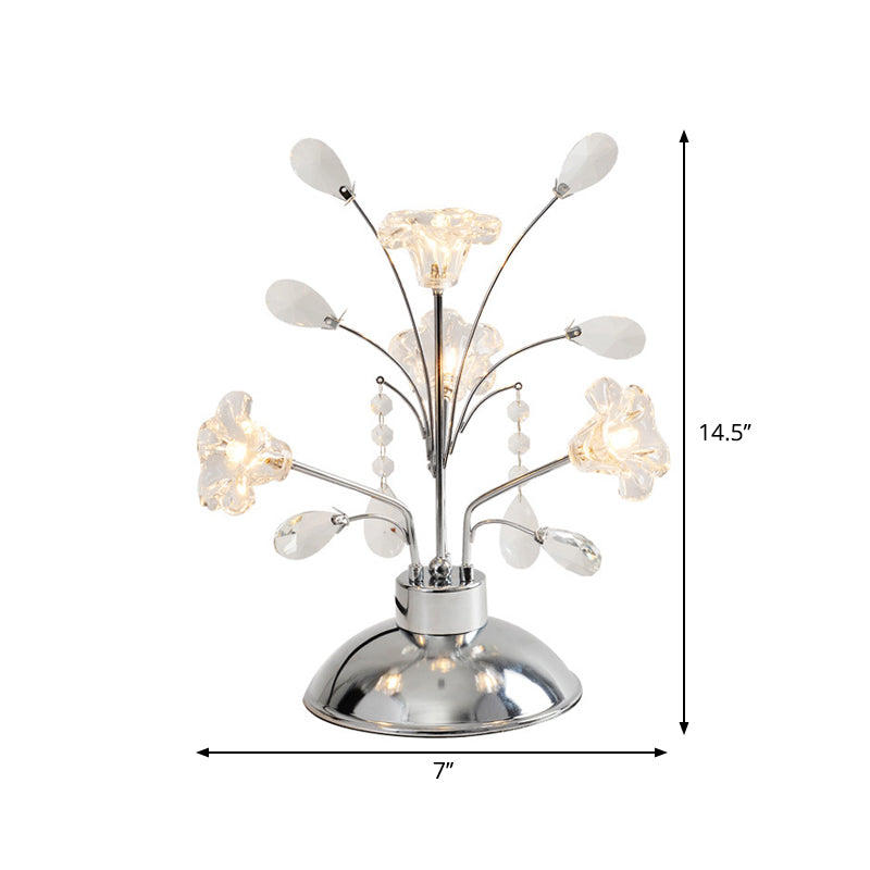Lampada da tavolo ramificata per camera da letto Lampada da comodino cromata contemporanea a gocce di cristallo trasparente a 4 teste con paralume Lily