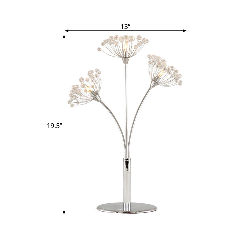 LED Night Stand Lamp Contemporary Dandelion-Shape Crystal Bead Table Light in Chrome
