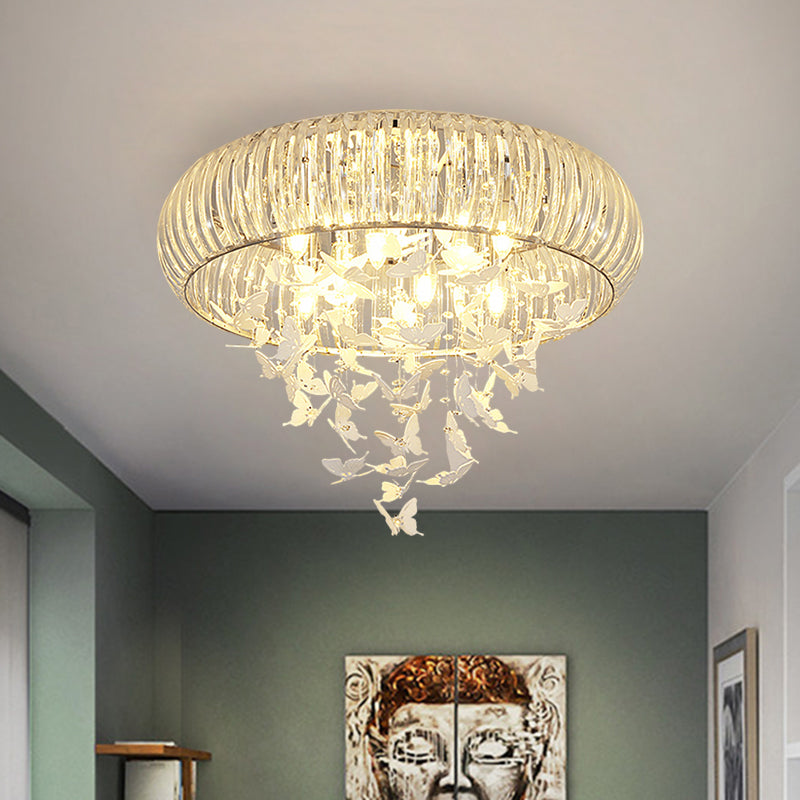 Ring-Unterputzleuchte mit Kristallprismen, moderne LED-Deckenbeleuchtung in Weiß mit Schmetterlingsdesign, stufenloses Dimmen mit Fernbedienung und 3-Farben-Licht