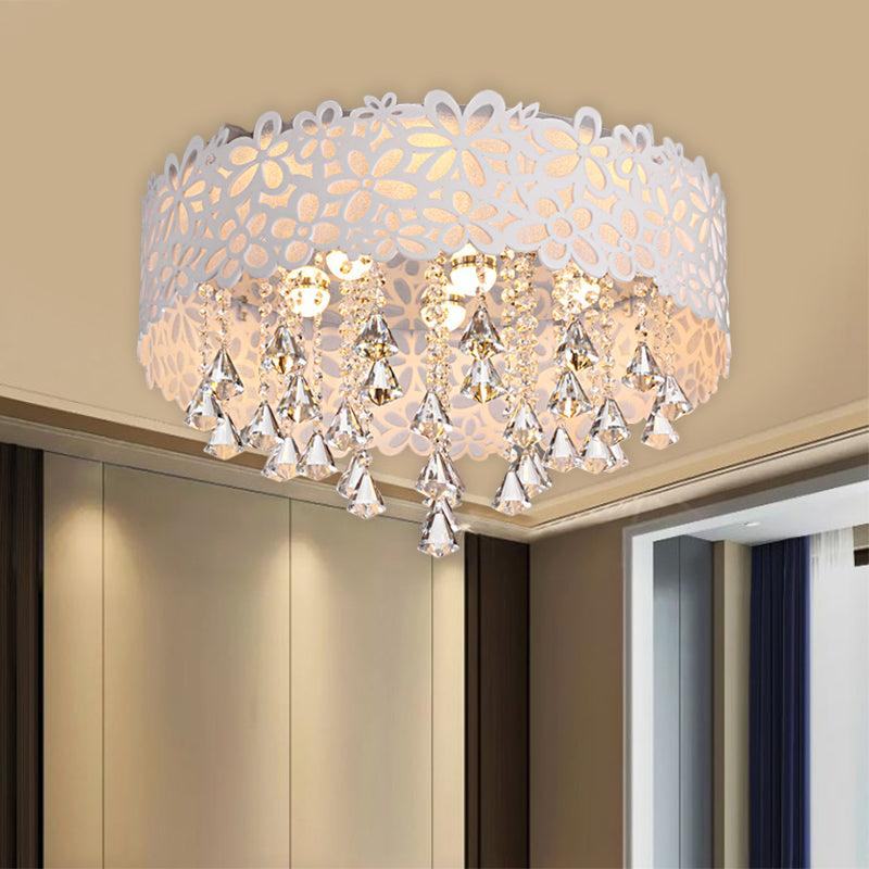 White Conical Ceiling Lamp Contemporary Crystal Drop LED Flush Mount Fixture, Remote Control Stepless Dimming/White Light