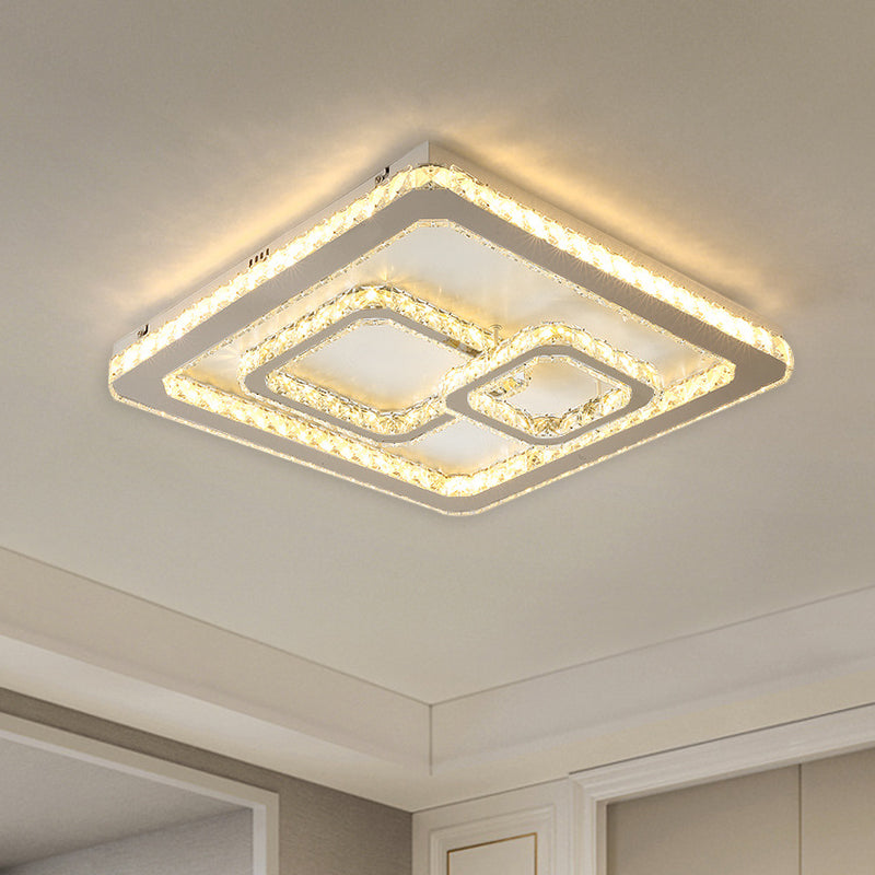 Chrome Square LED Flush Mount Lamp Modern Beveled Glass Close to Ceiling Lamp in Warm/White Light, 16.5"/20.5"/35.5" Wide