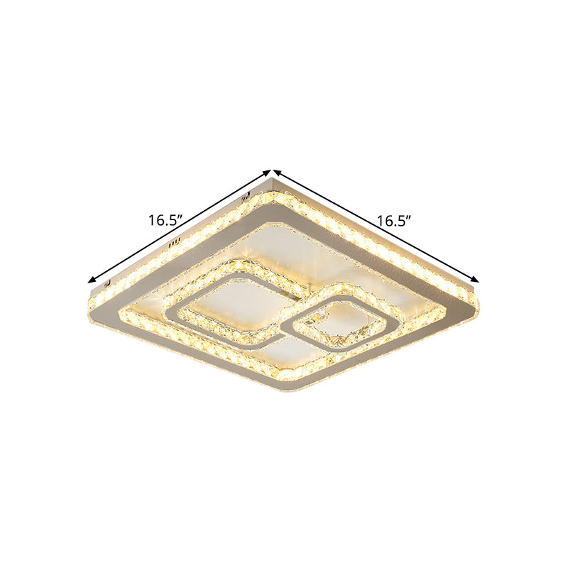 Chrome Square LED Flush Mount Lamp Modern Beveled Glass Close to Ceiling Lamp in Warm/White Light, 16.5"/20.5"/35.5" Wide