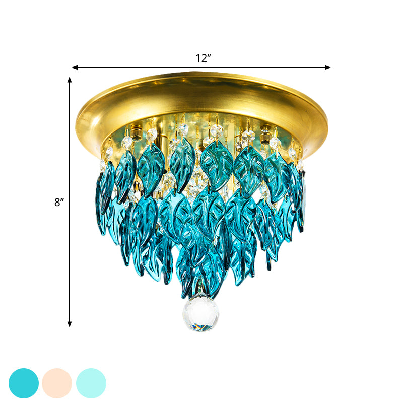 Leave Flush Mount Lamp Modern Style Clear/Clear and Blue/Lake Blue Crystal 4 Bulbs Sleeping Room Ceiling Light in Gold