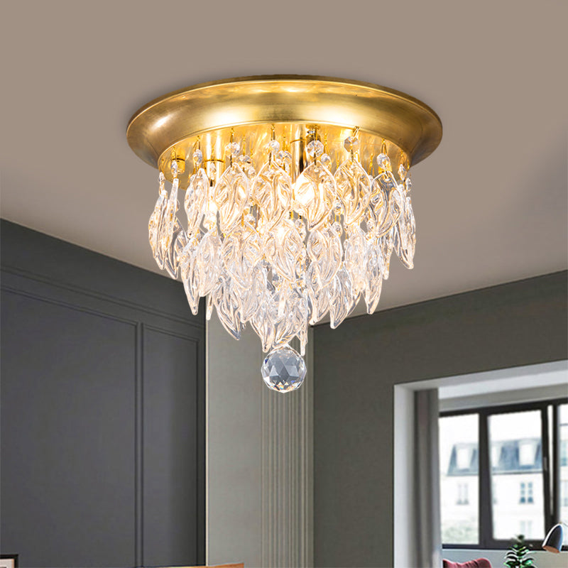 Leave Flush Mount Lamp Modern Style Clear/Clear and Blue/Lake Blue Crystal 4 Bulbs Sleeping Room Ceiling Light in Gold