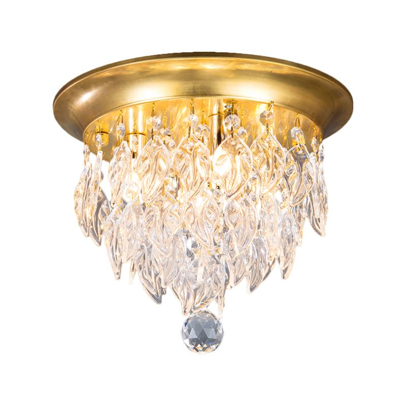 Leave Flush Mount Lamp Modern Style Clear/Clear and Blue/Lake Blue Crystal 4 Bulbs Sleeping Room Ceiling Light in Gold