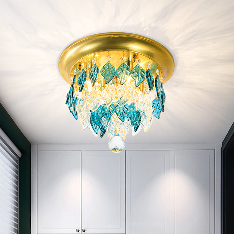 Leave Flush Mount Lamp Modern Style Clear/Clear and Blue/Lake Blue Crystal 4 Bulbs Sleeping Room Ceiling Light in Gold