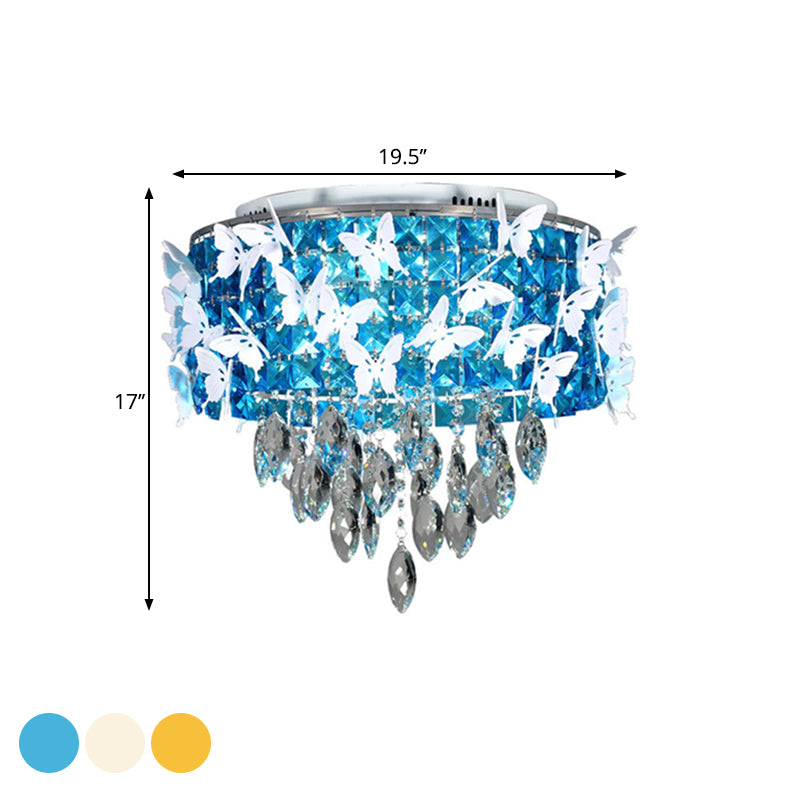 Dambour Clear / Amber / Lac Blue Crystal Flush Mount Contemporary Silver LED Ceiling Fixture with Butterfly Deco in Warm / White Light