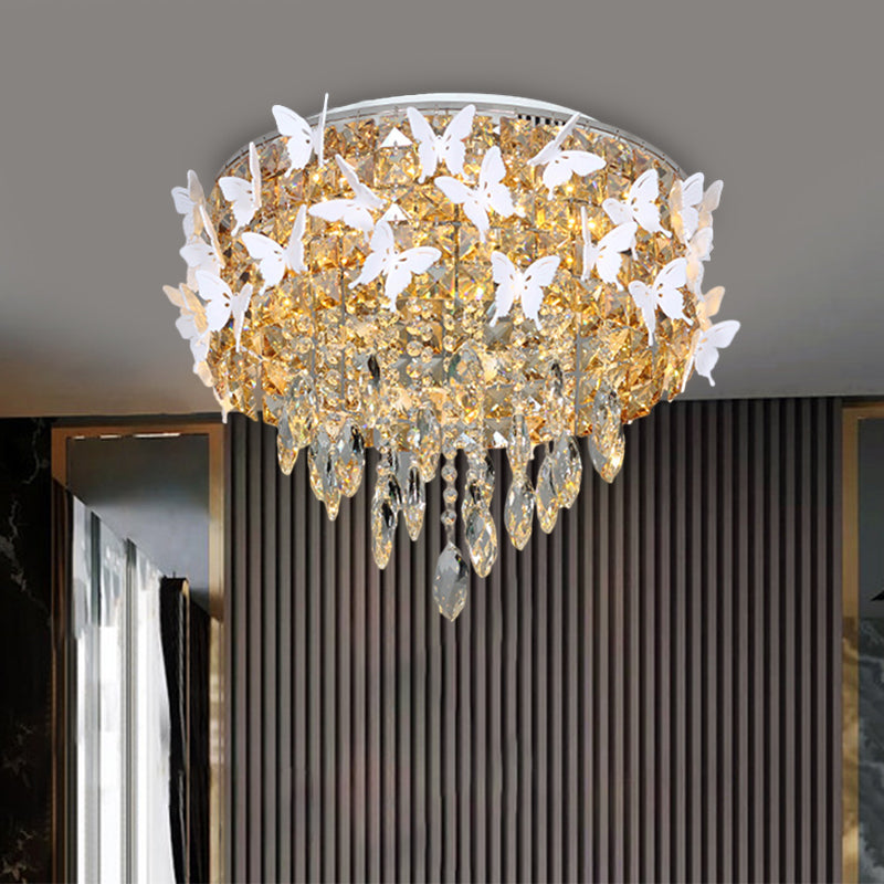 Drum Clear/Amber/Lake Blue Crystal Flush Mount Contemporary Silver LED Ceiling Fixture with Butterfly Deco in Warm/White Light