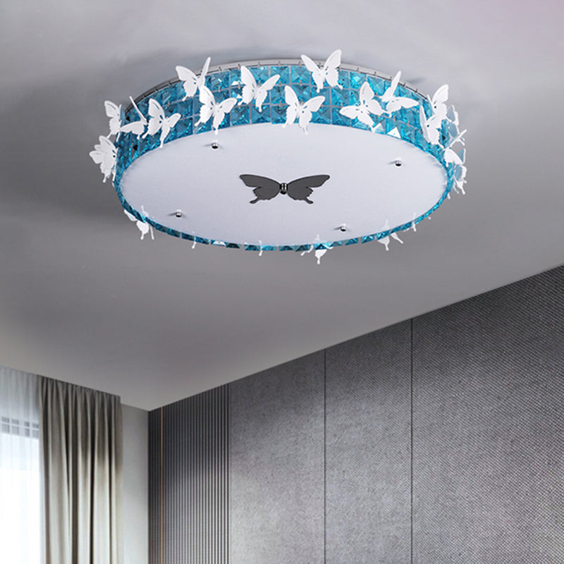 Drum LED Flushmount Lighting Modern Clear/Amber/Lake Blue Crystal Bedroom Ceiling Mounted Fixture with Butterfly Decor, 19.5"/25.5" Wide