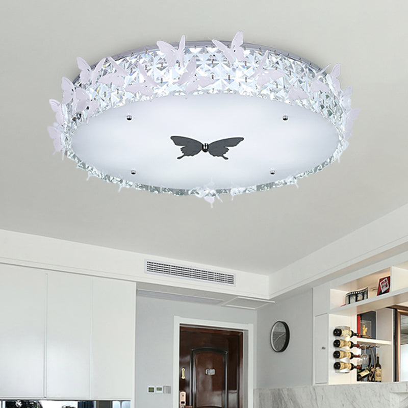 Drum LED Flushmount Lighting Modern Clear/Amber/Lake Blue Crystal Bedroom Ceiling Mounted Fixture with Butterfly Decor, 19.5"/25.5" Wide