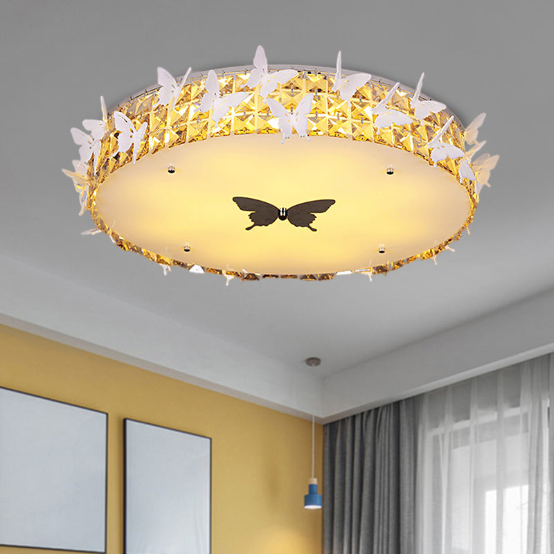 Drum LED Flushmount Lighting Modern Clear/Amber/Lake Blue Crystal Bedroom Ceiling Mounted Fixture with Butterfly Decor, 19.5"/25.5" Wide