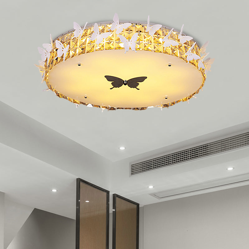 Drum LED Flushmount Lighting Modern Clear/Amber/Lake Blue Crystal Bedroom Ceiling Mounted Fixture with Butterfly Decor, 19.5"/25.5" Wide