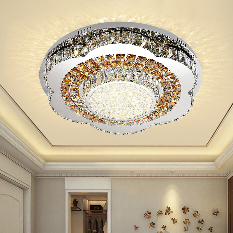 LED Flower-Shape Flush Mount Fixture Modern Beveled Crystal Ceiling Mounted Lighting in Chrome