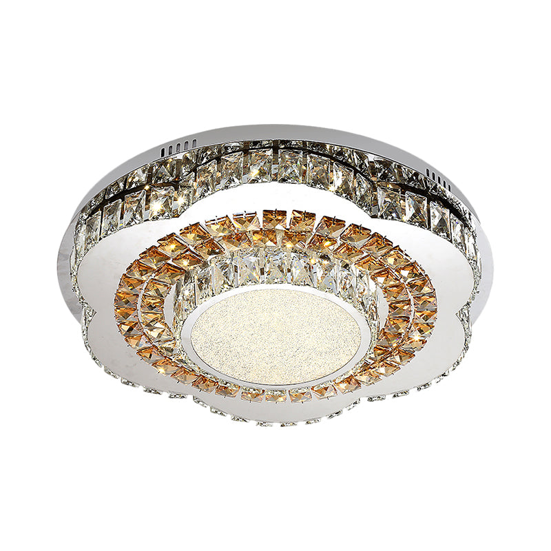 LED Flower-Shape Flush Mount Fixture Modern Beveled Crystal Ceiling Mounted Lighting in Chrome
