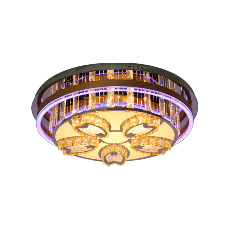 LED Circular Flush Mount Light Modern Stainless-Steel Finish Clear Crystal Blocks Ceiling Fixture