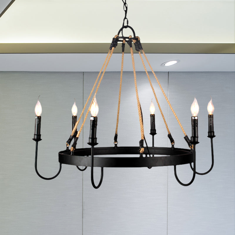 Lámpara de lámpara de vela vintage con bombilla abierta 6 cabezas de metal y lámpara colgante de techo de cuerda en negro/óxido para restaurante