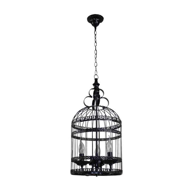 3/6 Bulbs Bird Cage Hanging Light with Candle Creative Industrial Style Black Metallic Chandelier Lamp for Bedroom