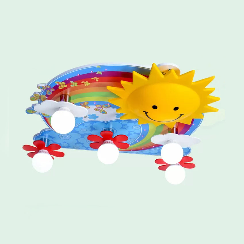 Kids Sun & Rainbow Flush Mount Light Wood Multi-Color Ceiling Lamp for Child Bedroom
