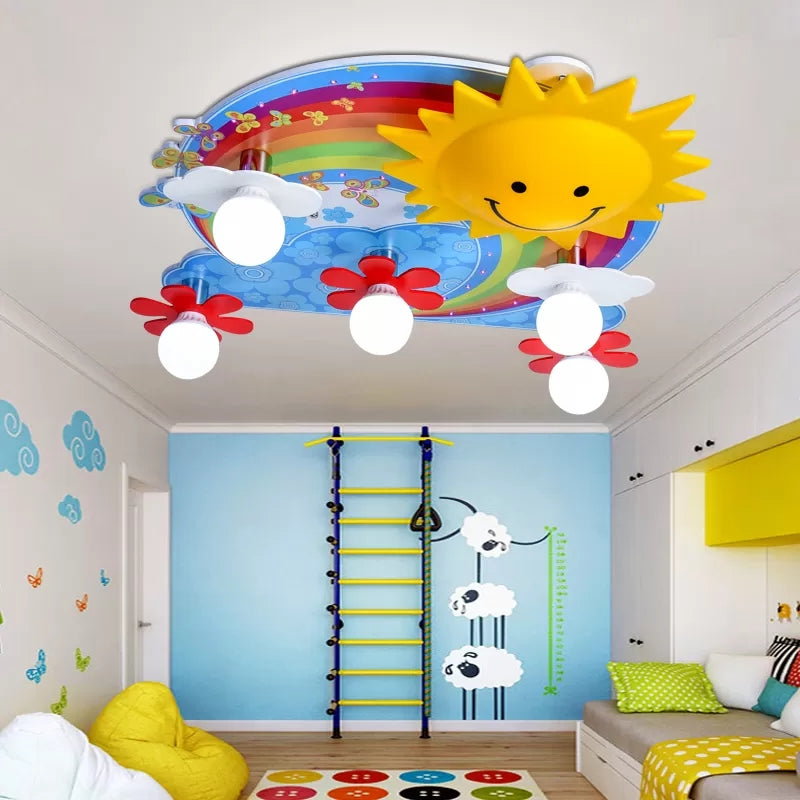 Kids Sun & Rainbow Flush Mount Light Wood Multi-Color Ceiling Lamp for Child Bedroom
