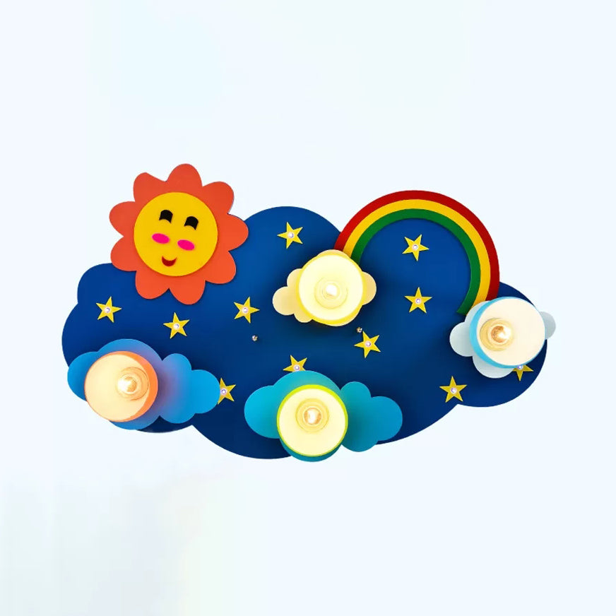 Kids Sun & Rainbow Flush Mount Light Wood Multi-Color Ceiling Lamp for Child Bedroom