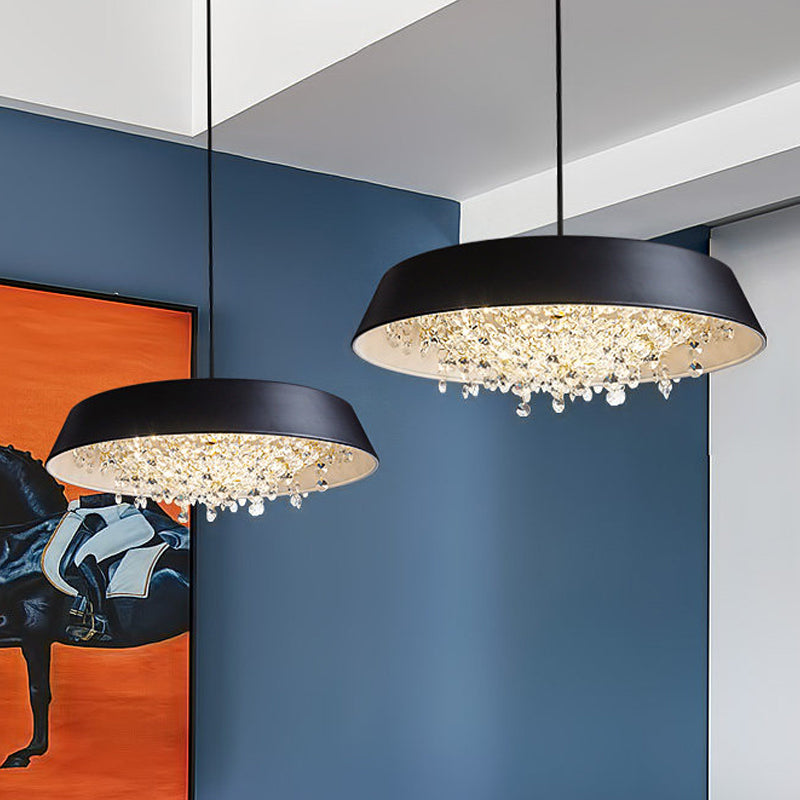Circular Tray Metal LED Hanging Lamp Contemporary Black/White/Gold Down Lighting with Crystal Drop in Warm/White Light