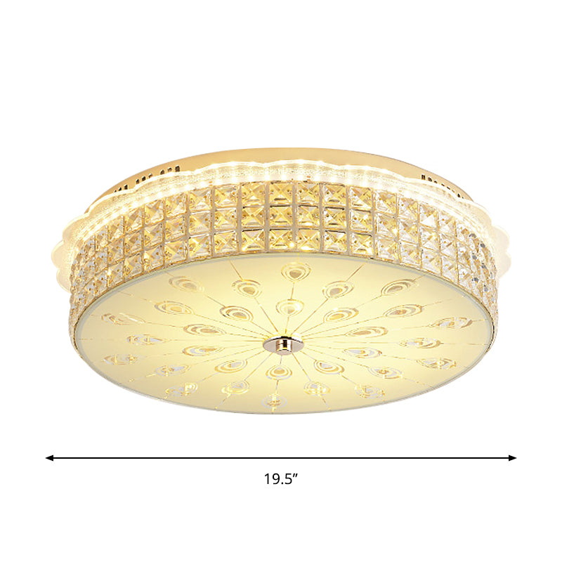 Drum Close to Ceiling Lighting Contemporary Clear Crystal Block LED Flush Mount Light in Gold for Sleeping Room