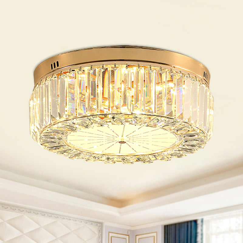 16"/19.5" Wide Drum LED Flushmount Modern Clear Prismatic Optical Crystal Living Room Close to Ceiling Lighting in Gold