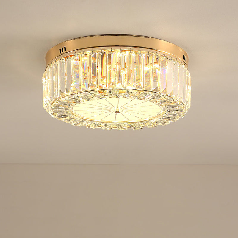 16"/19.5" Wide Drum LED Flushmount Modern Clear Prismatic Optical Crystal Living Room Close to Ceiling Lighting in Gold