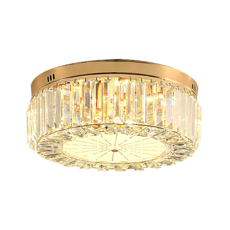 16"/19.5" Wide Drum LED Flushmount Modern Clear Prismatic Optical Crystal Living Room Close to Ceiling Lighting in Gold