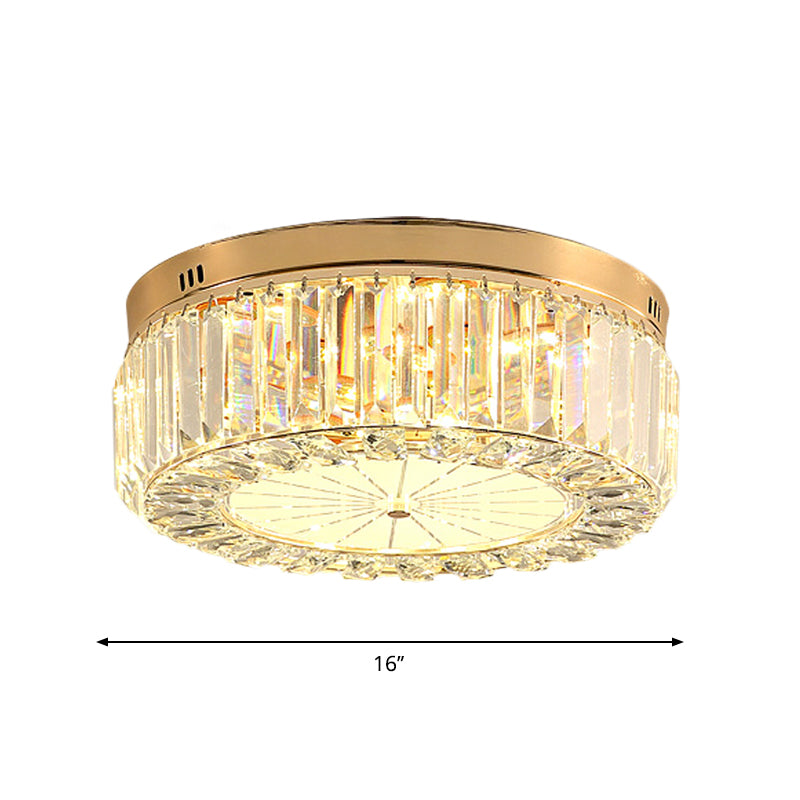 16"/19.5" Wide Drum LED Flushmount Modern Clear Prismatic Optical Crystal Living Room Close to Ceiling Lighting in Gold