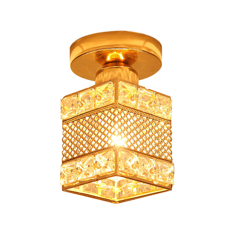 1 Head Balcony Semi Mount Lighting Modern Gold Close to Ceiling Lighting with Globe/Square/Lantern Clear Crystal Shade
