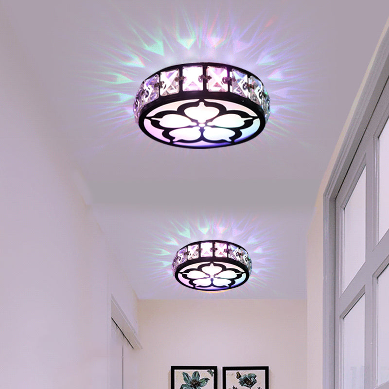3" Wide Drum Hallway LED Flush Mount Faceted Crystal Contemporary Ceiling Fixture in Black, Warm/White/Multi Color Light