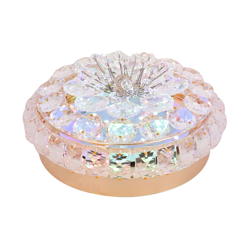 Modern LED Round Flushmount Crystal Block Ceiling Mounted Fixture in Gold for Doorway, Warm/White Light