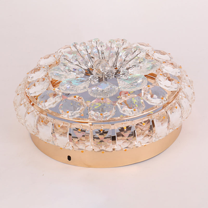 Modern LED Round Flushmount Crystal Block Ceiling Mounted Fixture in Gold for Doorway, Warm/White Light