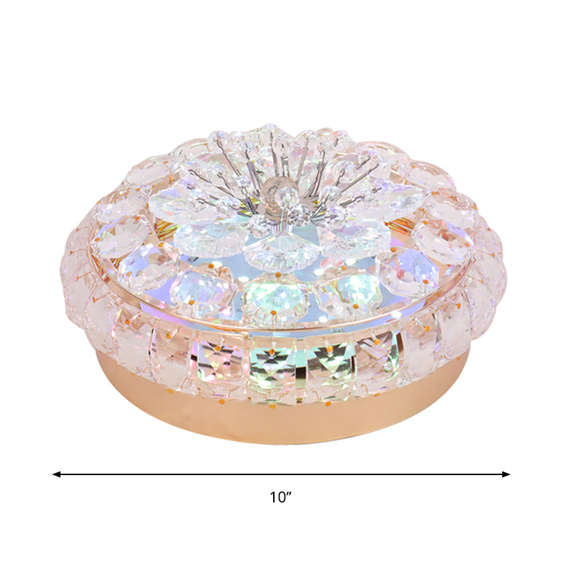 Modern LED Round Flushmount Crystal Block Ceiling Mounted Fixture in Gold for Doorway, Warm/White Light