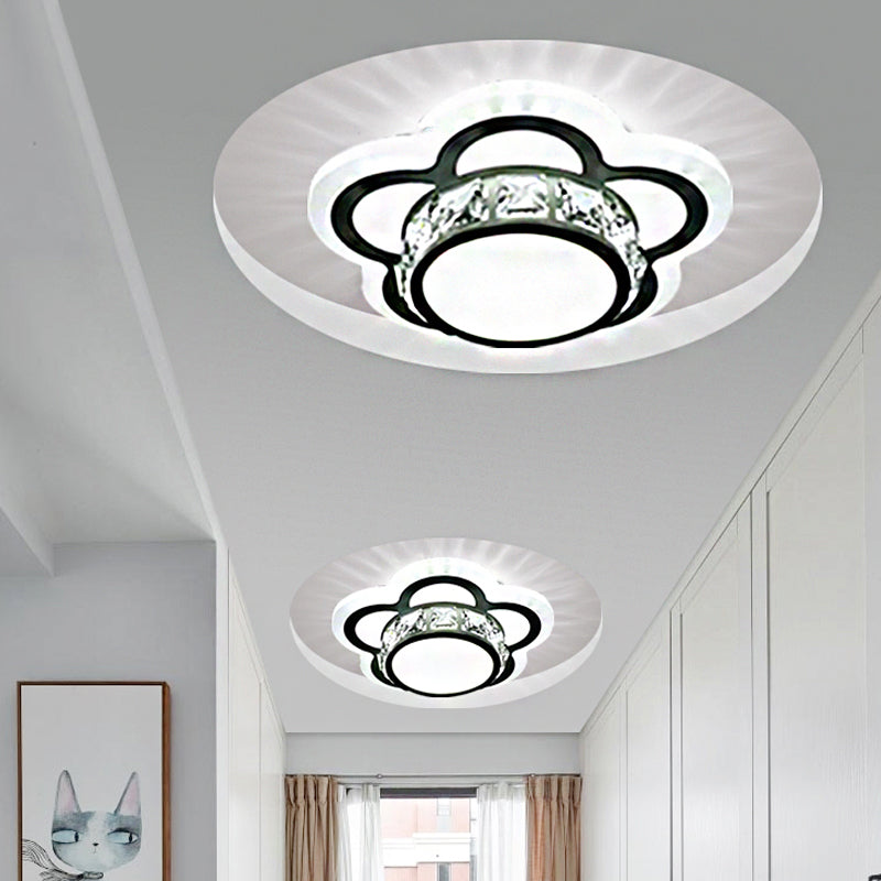 LED Drum Flush Mount Light Contemporary Beveled Crystal Ceiling Lighting in Ivory with Floral Design