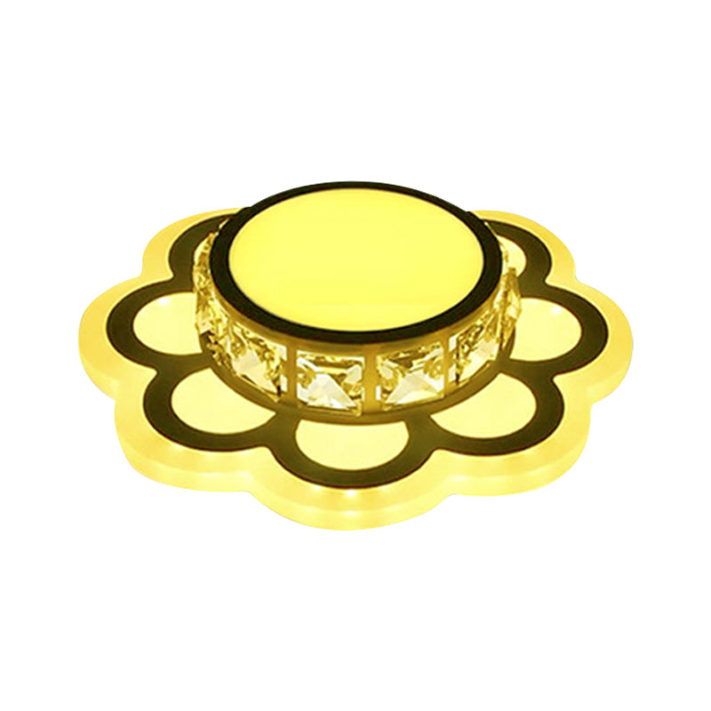 LED Drum Flush Mount Light Contemporary Beveled Crystal Ceiling Lighting in Ivory with Floral Design