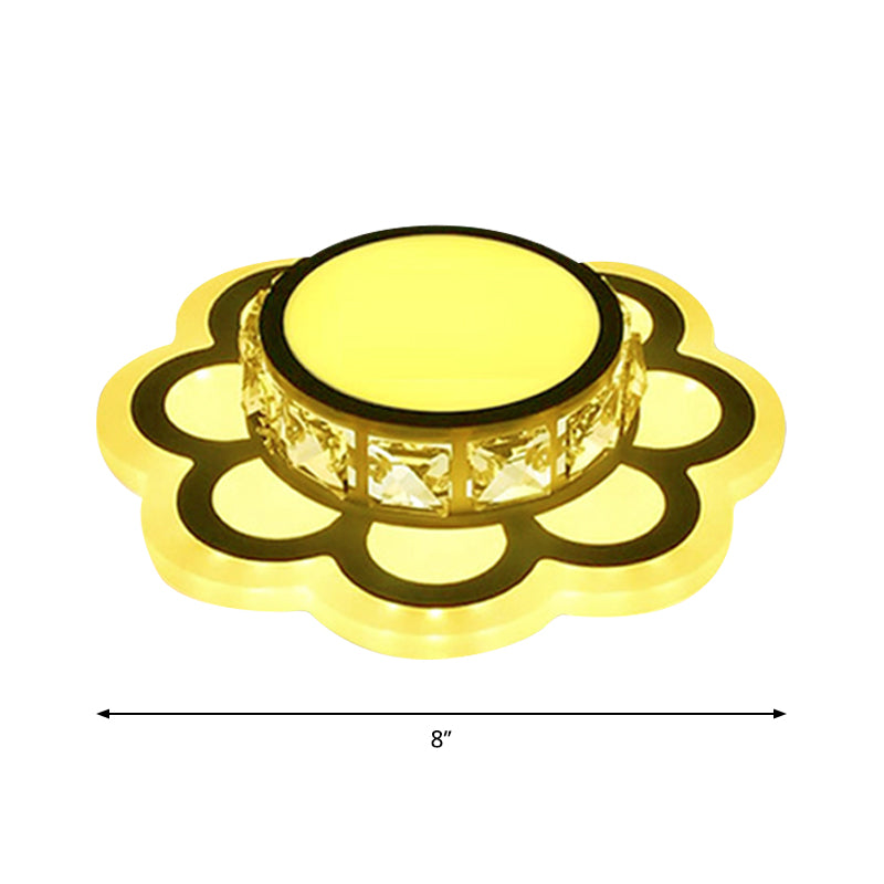 LED Drum Flush Mount Light Contemporary Beveled Crystal Ceiling Lighting in Ivory with Floral Design