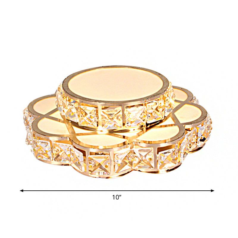 Luminaria LED contemporánea empotrada de cristal de corte rectangular y diseño floral en color dorado, luz blanca/cálida