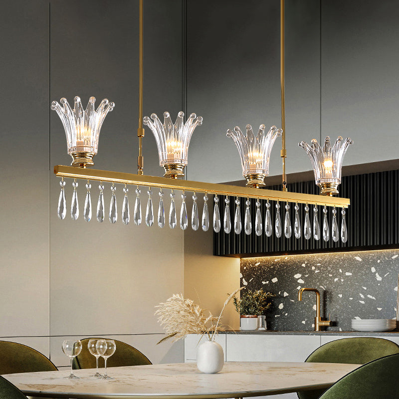 Contemporary Flared Island Light Fixture Clear Crystal Glass 4 Bulbs Suspension Lamp in Gold with Droplets