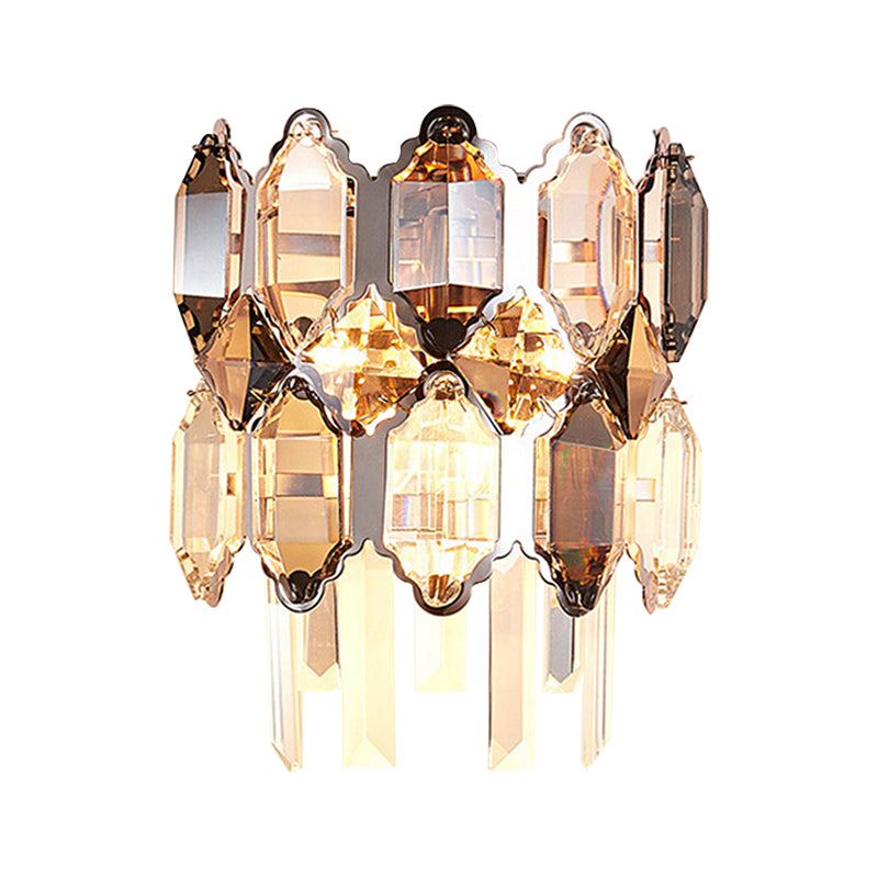Dual-Tiered Wall Light Fixture Modern Clear Crystal 2-Bulb Surface Wall Sconce in Silver for Staircase