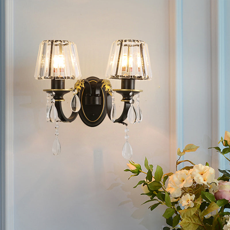 Contemporary 1/2-Head Wall Lamp with Crystal Prisms Shade Black Conical Wall Light Fixture