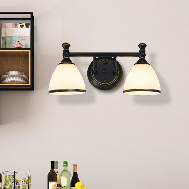 Milky Glass Black Vanity Sconce Tapered 2/3 Lights Retro Style Wall Lighting Idea for Shower Room